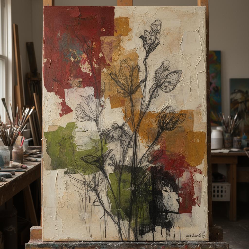 Layered mixed media floral artwork in the studio